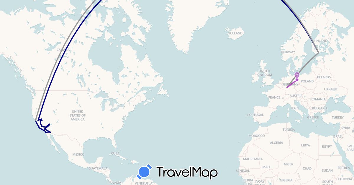TravelMap itinerary: driving, plane, train in Germany, Finland, United States (Europe, North America)