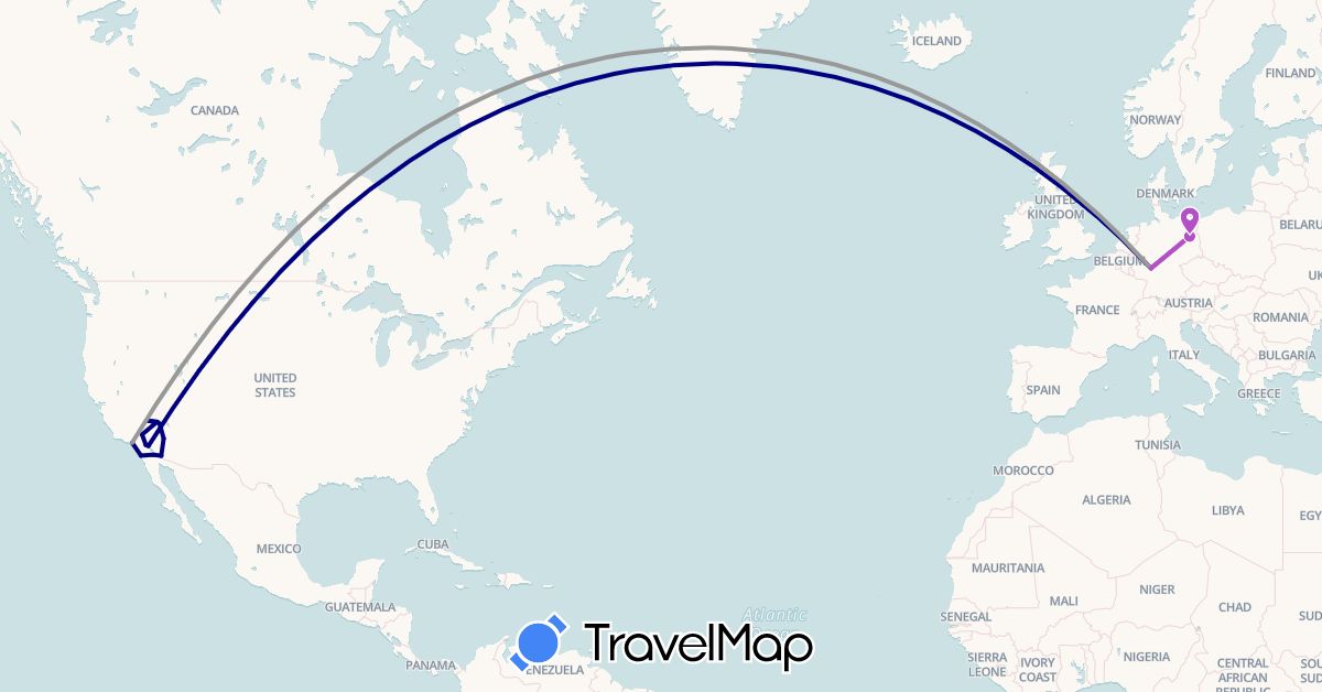 TravelMap itinerary: driving, plane, train in Germany, United States (Europe, North America)