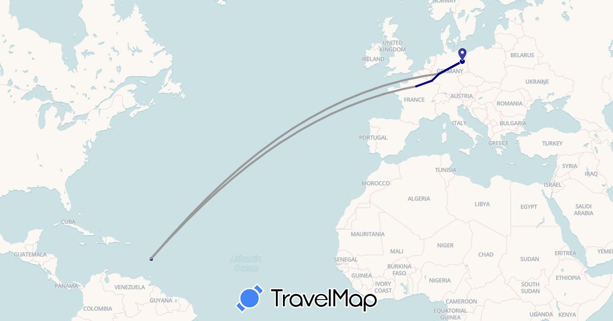 TravelMap itinerary: driving, plane in Germany, France, Luxembourg (Europe)