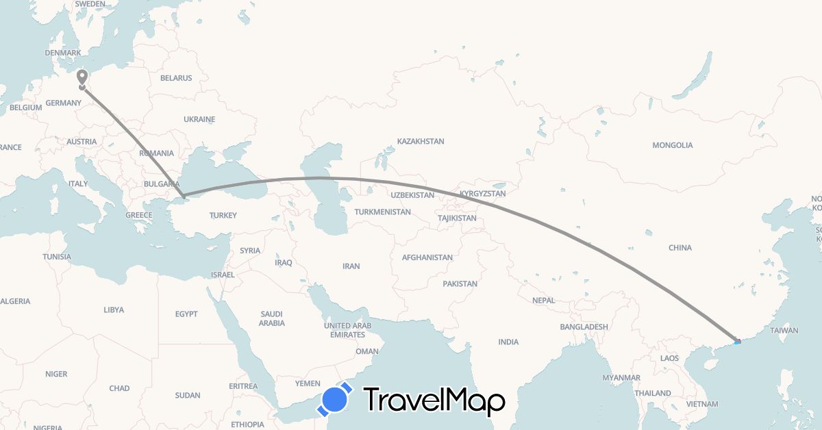 TravelMap itinerary: bus, plane, train, boat in China, Germany, Turkey (Asia, Europe)