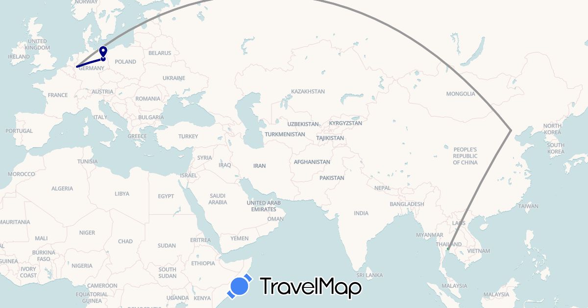 TravelMap itinerary: driving, bus, plane, train, hiking in China, Germany, Thailand (Asia, Europe)