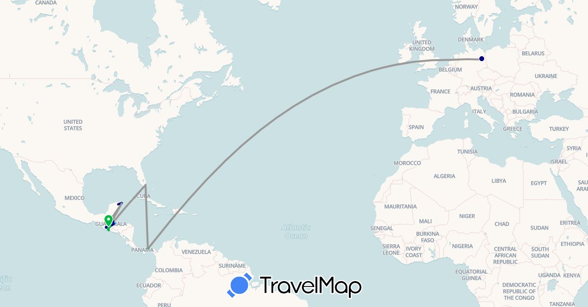 TravelMap itinerary: driving, bus, plane, boat in Germany, Guatemala, Mexico, Netherlands, Panama, United States (Europe, North America)
