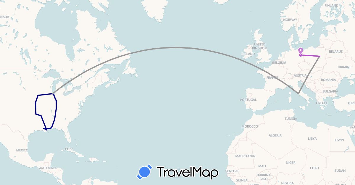 TravelMap itinerary: driving, plane, train in Germany, Italy, Poland, United States (Europe, North America)