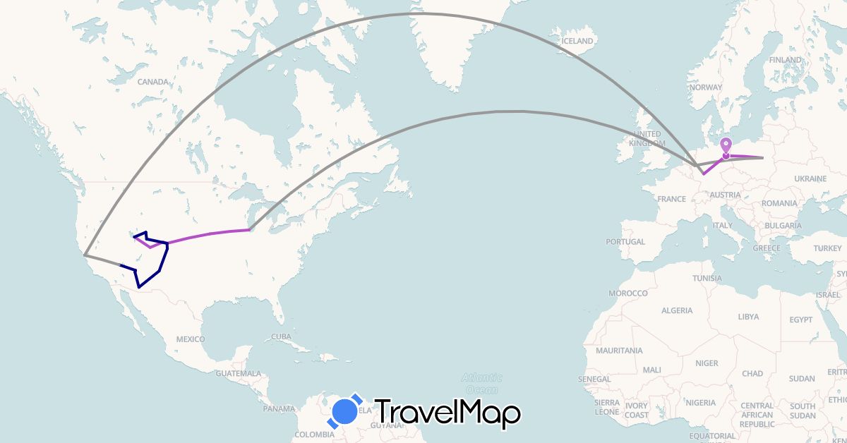 TravelMap itinerary: driving, plane, train in Germany, Poland, United States (Europe, North America)