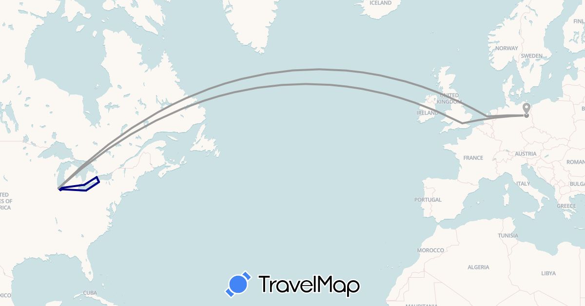 TravelMap itinerary: driving, plane in Canada, Germany, United Kingdom, Netherlands, United States (Europe, North America)