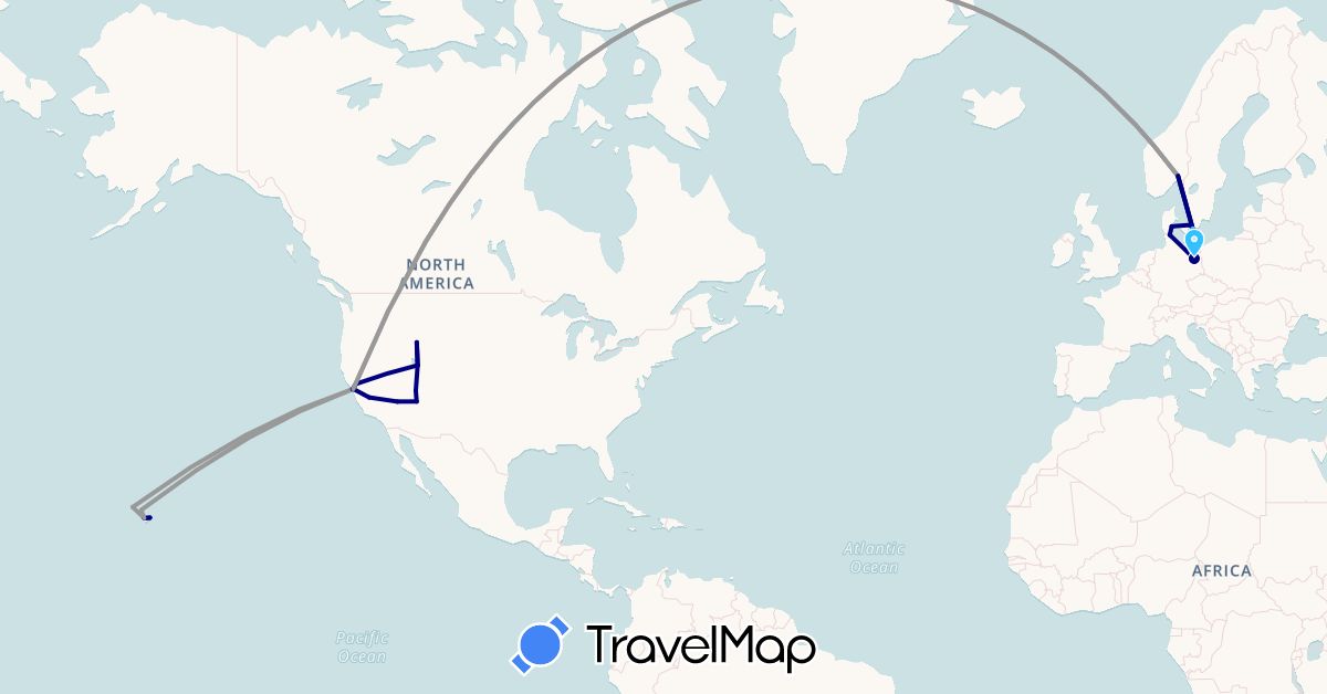 TravelMap itinerary: driving, plane, boat in Germany, Denmark, Norway, Sweden, United States (Europe, North America)