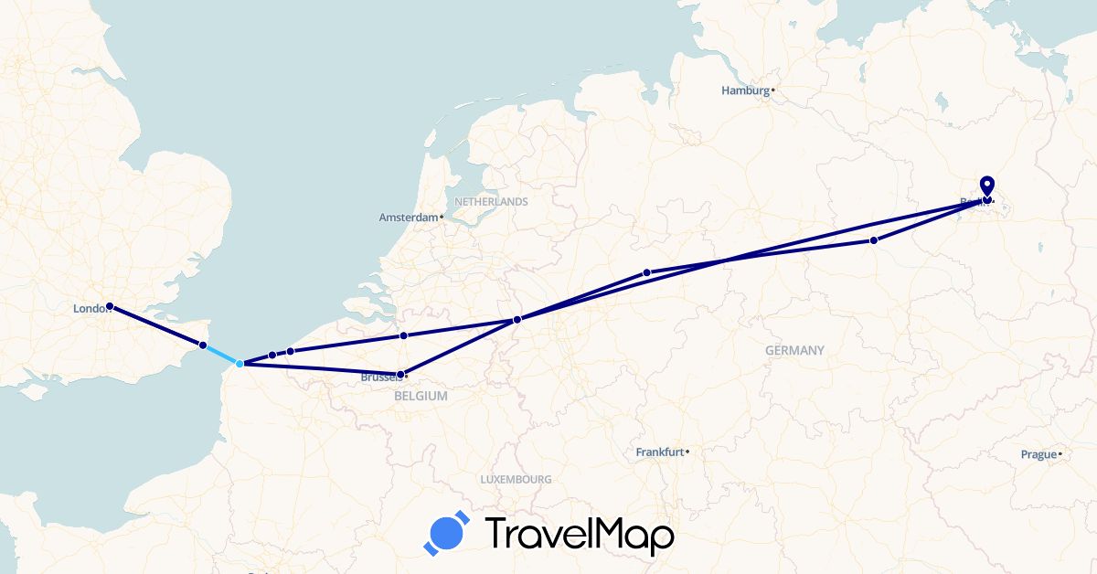 TravelMap itinerary: driving, boat in Belgium, Germany, France, United Kingdom, Netherlands (Europe)