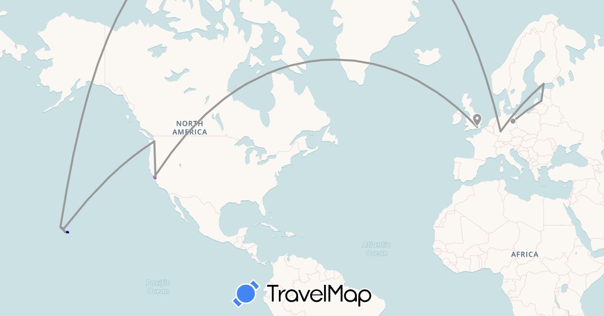 TravelMap itinerary: driving, plane, train in Germany, Finland, United Kingdom, Latvia, United States (Europe, North America)